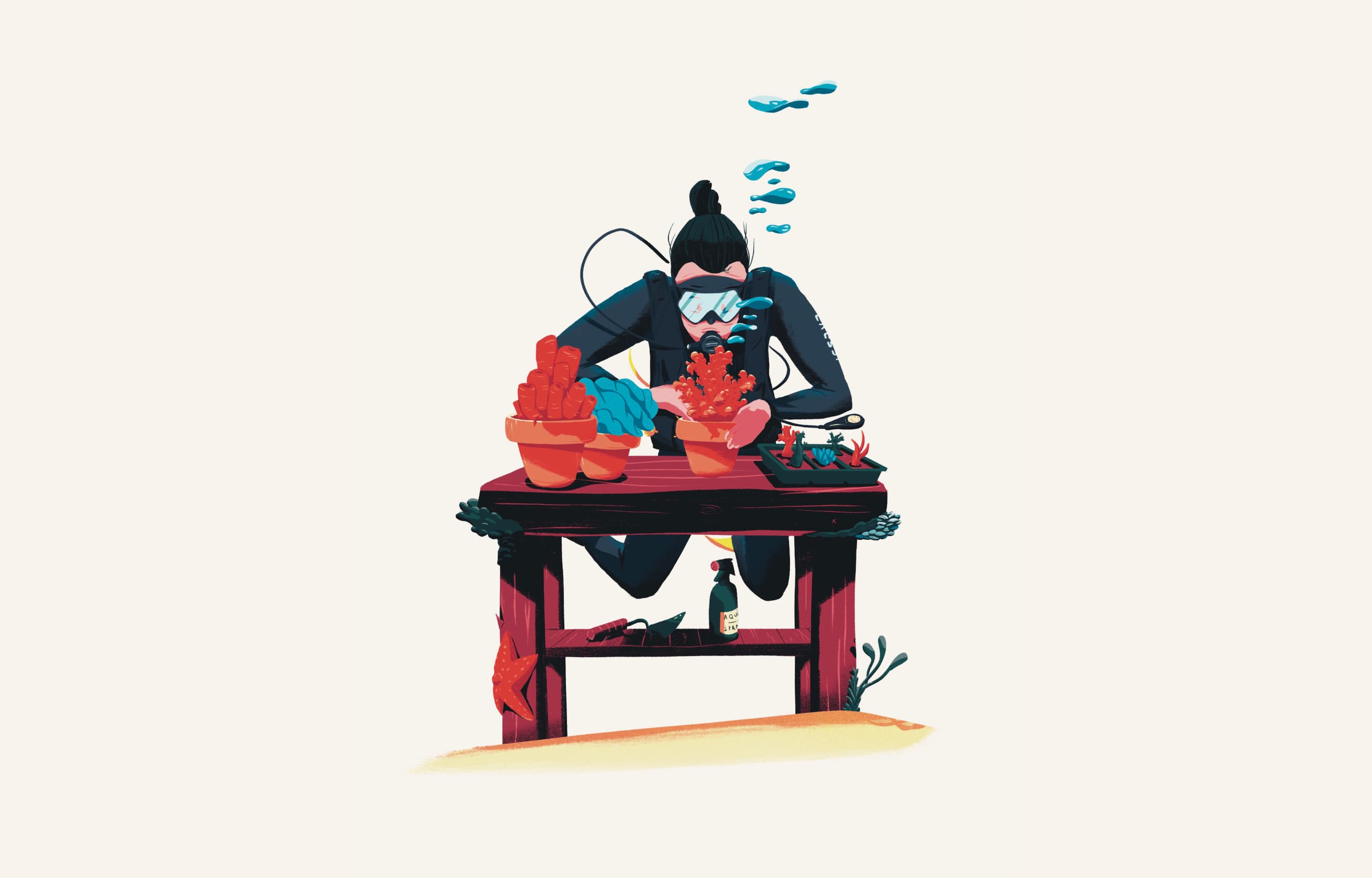 Illustration by Jason Dejaegere of a diver gardening in water for a magazine