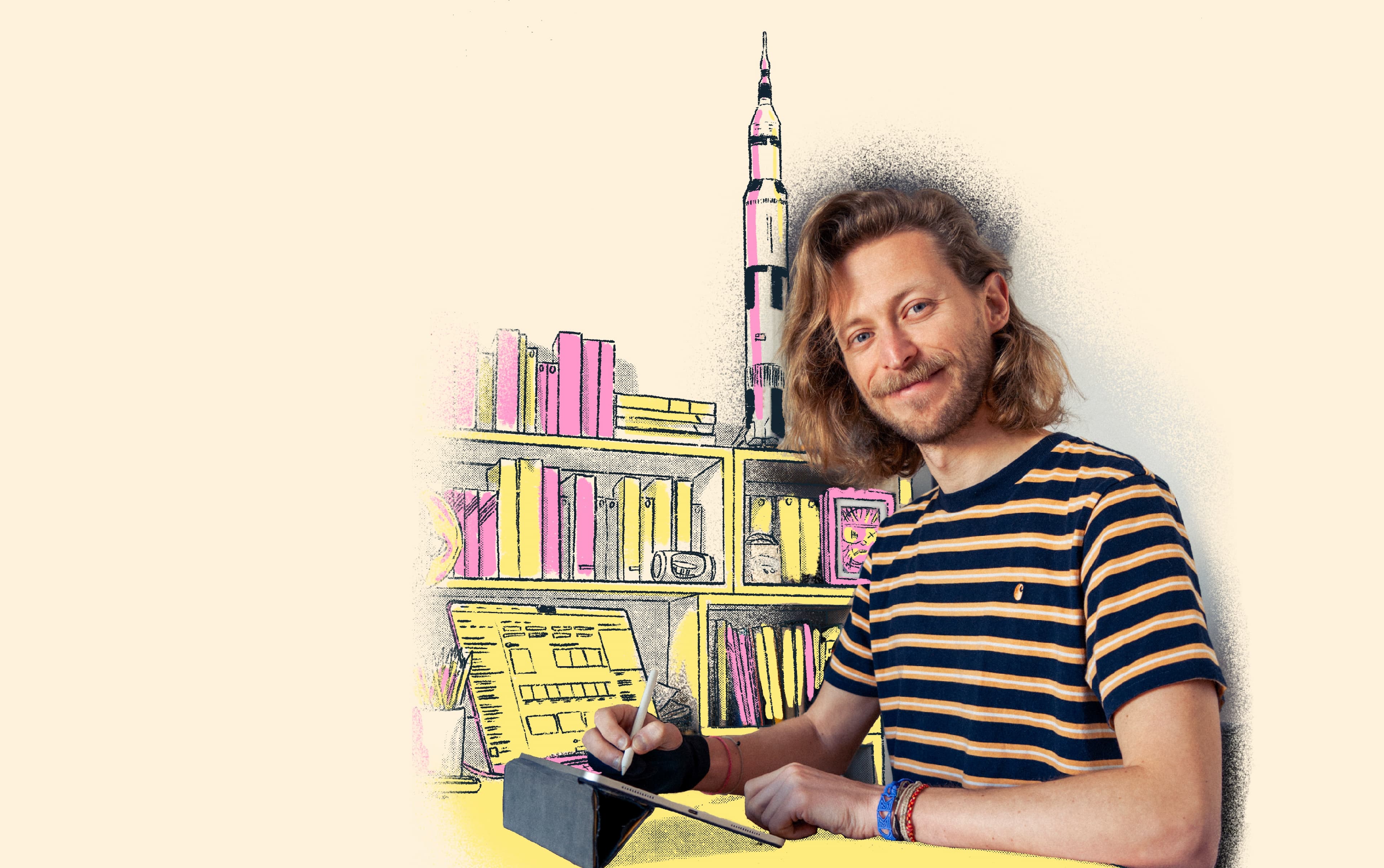 An illustration mixed to picture of Jason Dejaegere drawing an illustration