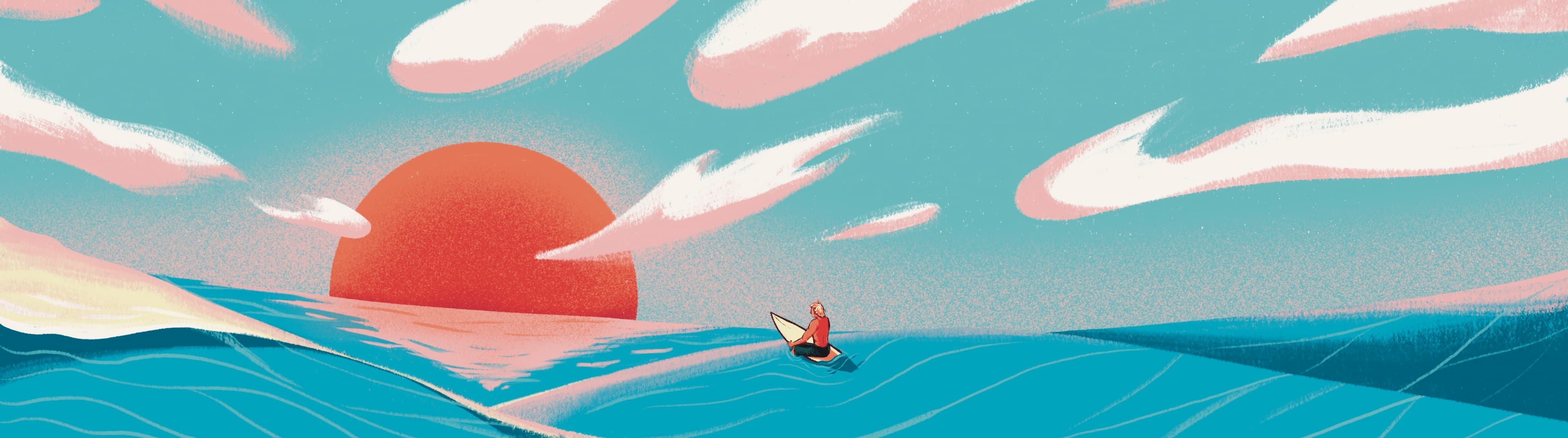 Banner of the illustration by Jason Dejaegere of a surfer watching the sunset on the colombian sea