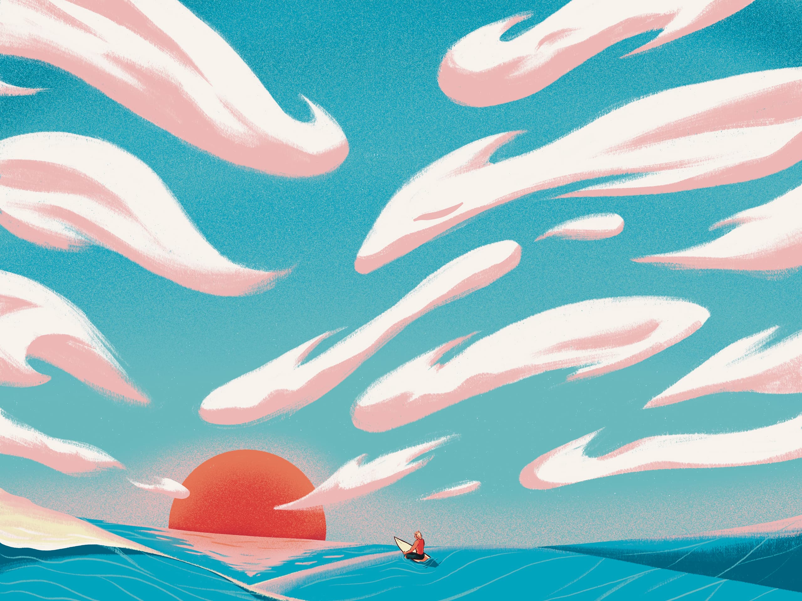 Illustration by Jason Dejaegere of a surfer watching the sunset on the colombian sea
