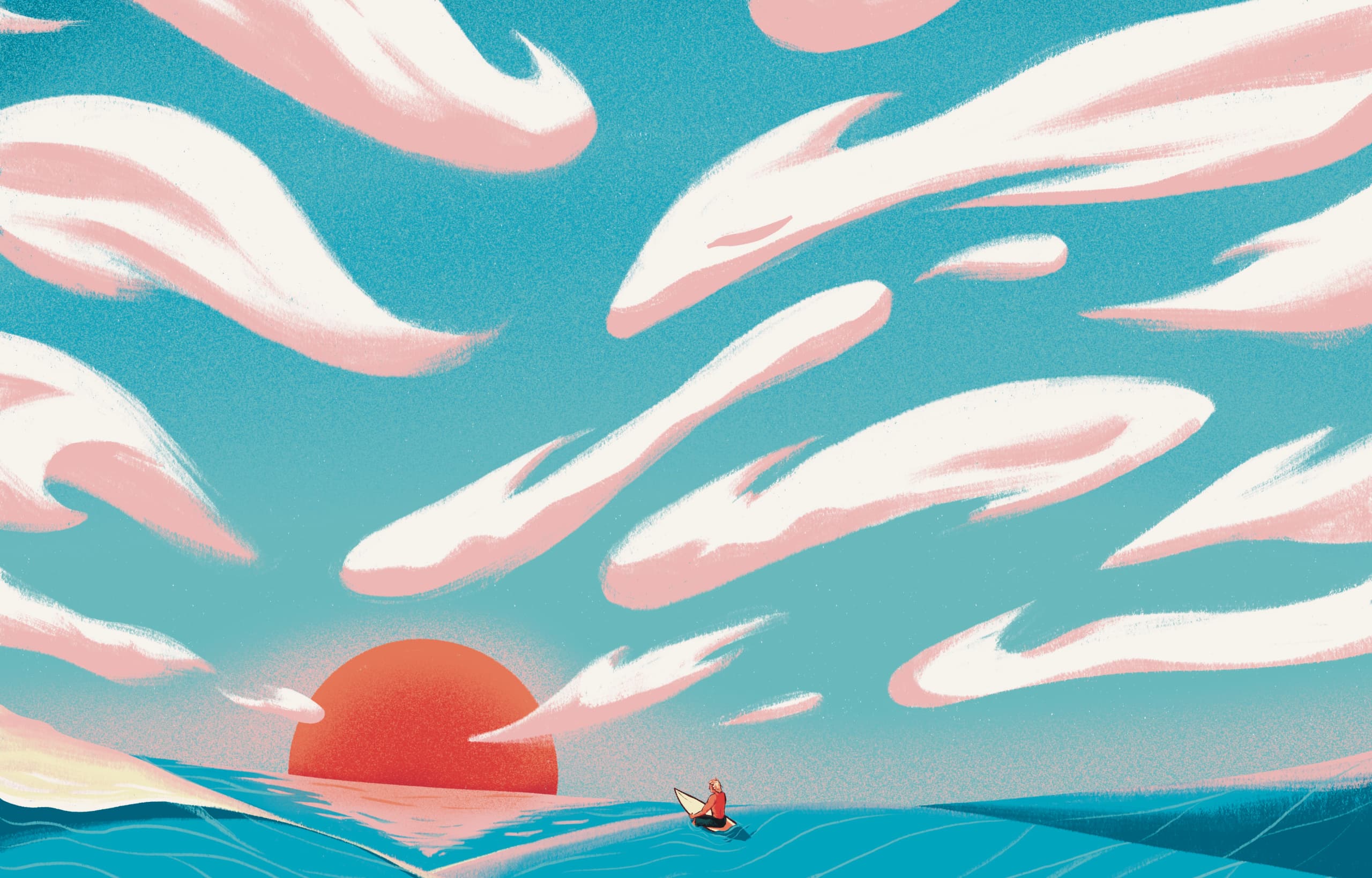 Illustration by Jason Dejaegere of a surfer watching the sunset on the colombian sea